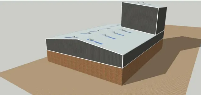 3D design render of an industrial shed with brick wainscot walls and roof ventilation