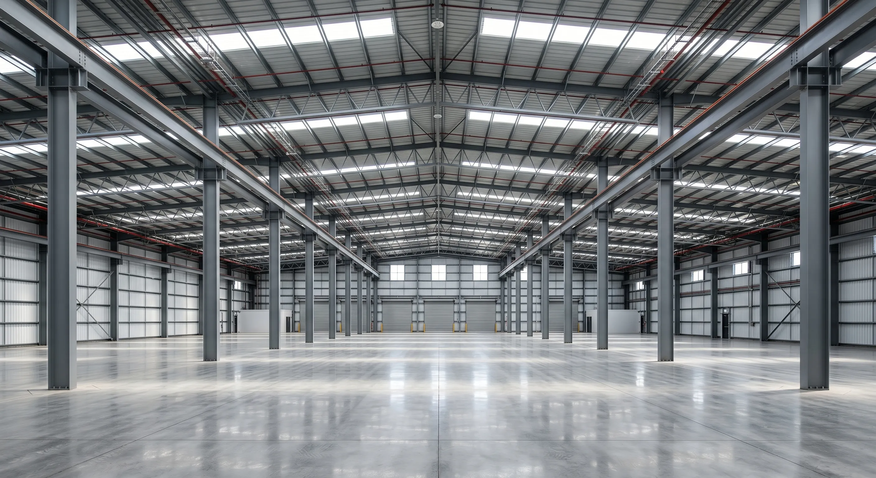 Inside a large clear-span industrial steel building