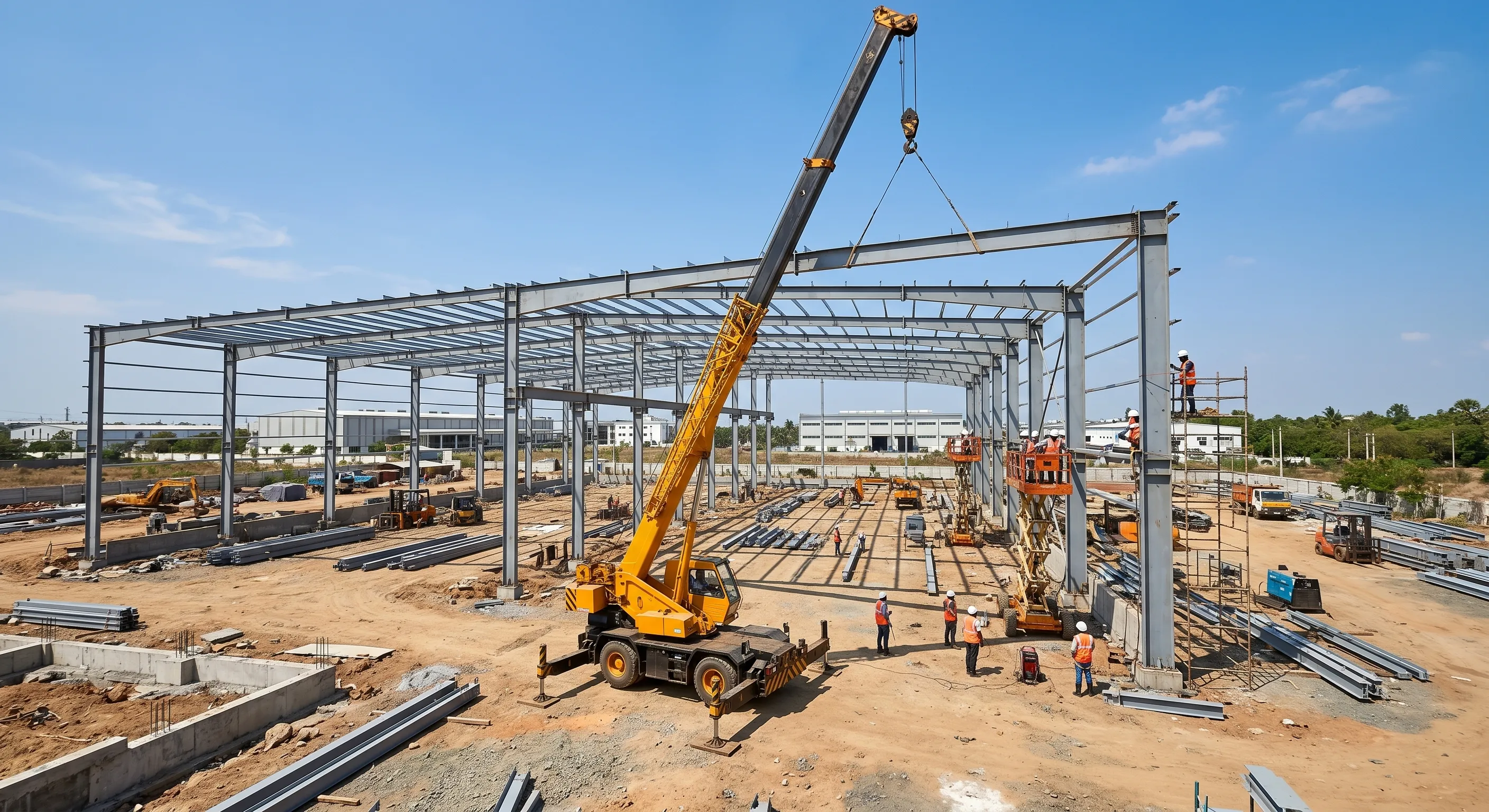 Icon Infrastructure team erecting a PEB steel structure on site