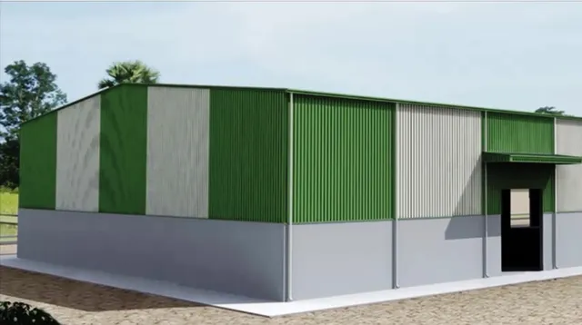 3D design render of a green and grey industrial shed